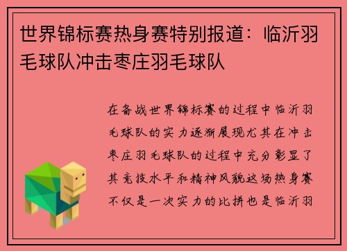 世界锦标赛热身赛特别报道：临沂羽毛球队冲击枣庄羽毛球队